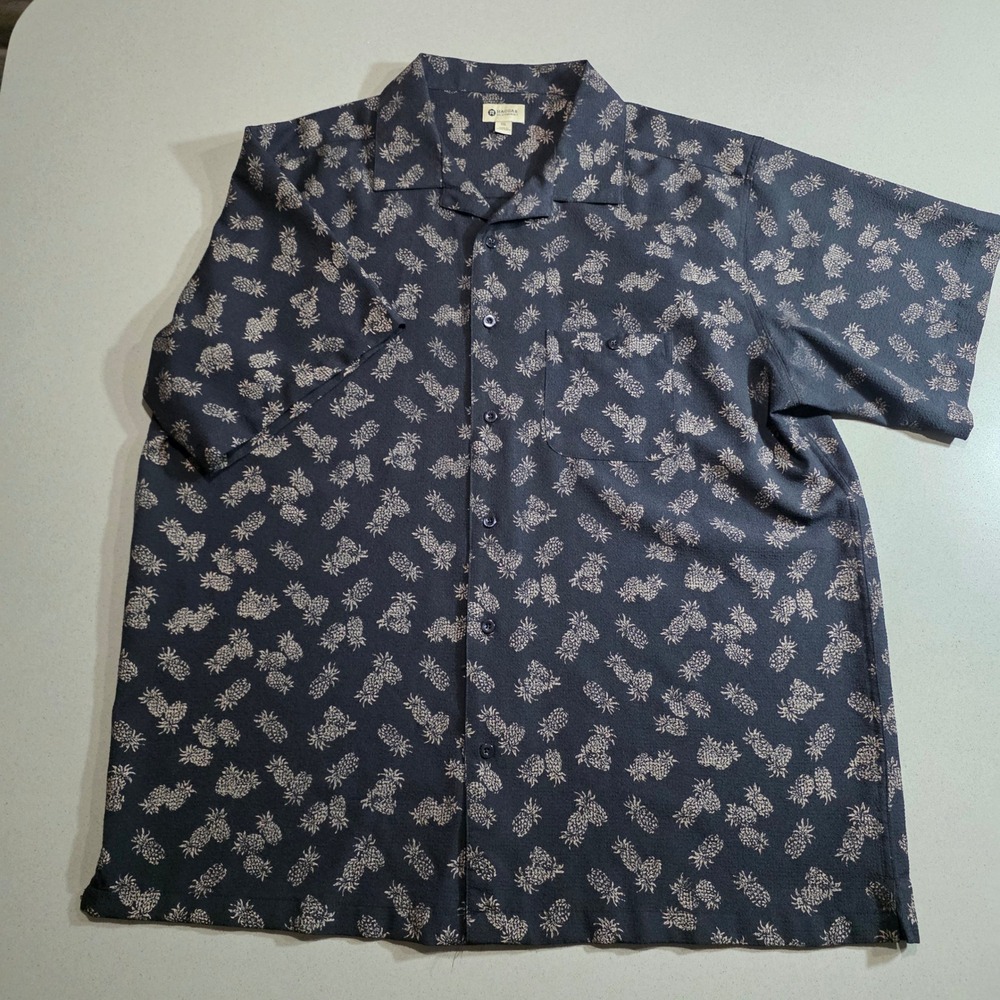 Haggar Clothing Mens XXL Navy Blue Pineapple Print Short Sleeve Button Up Shirt